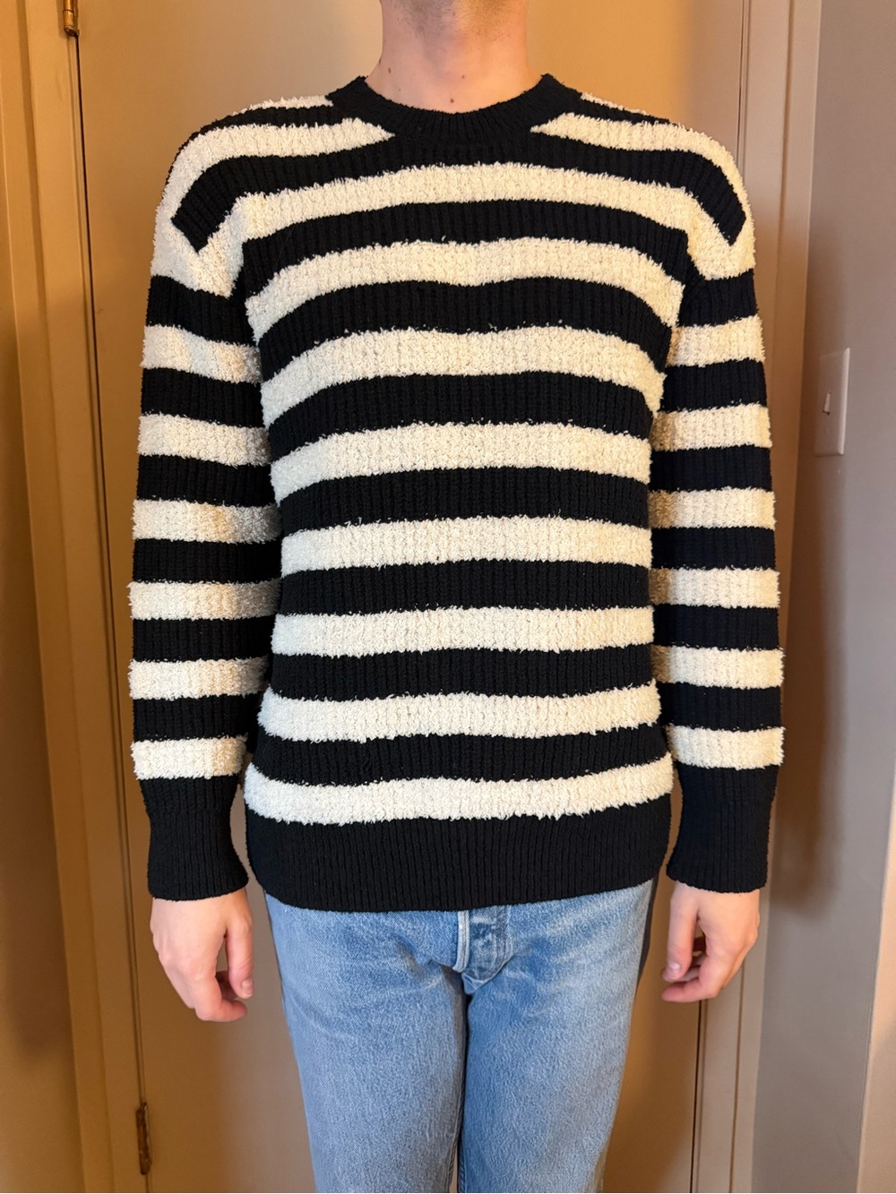 Zara Black and White Striped Crewneck Sweater